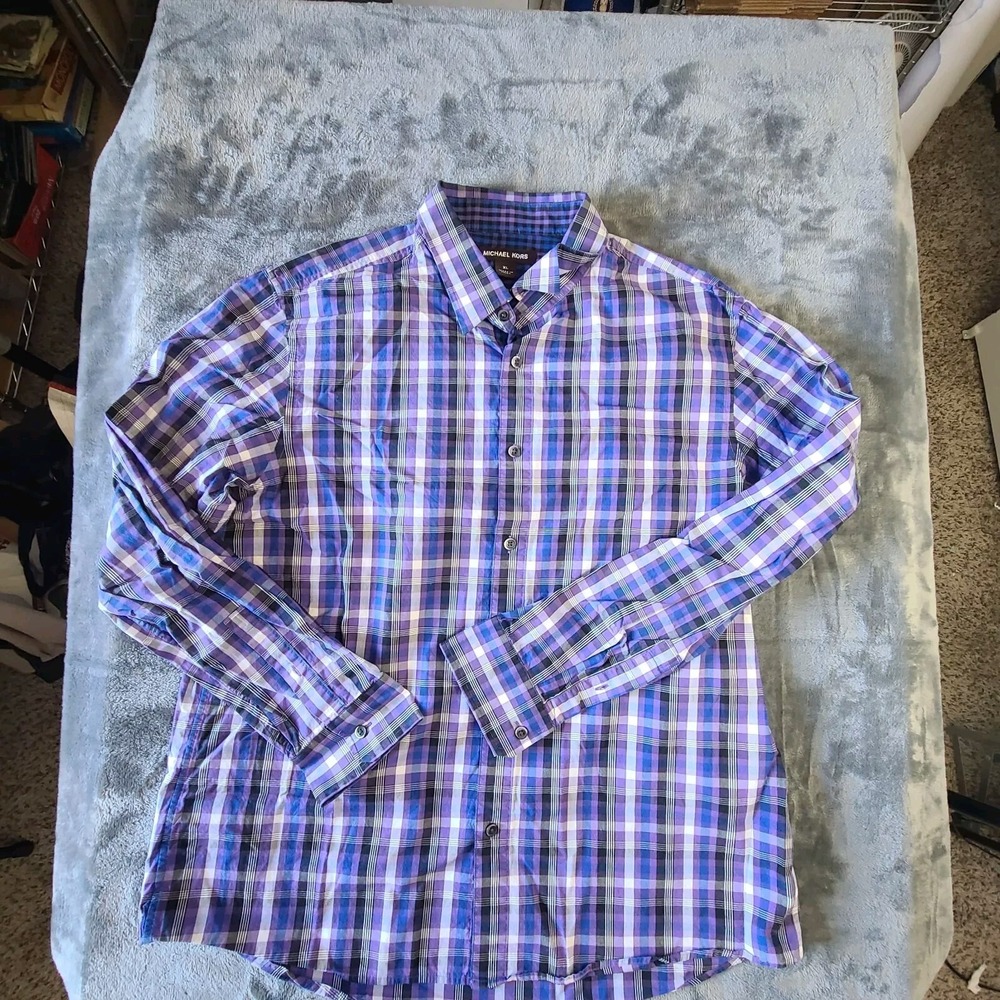Mens Michael Kors Long Sleeve Button Up Shirt Size XL Purple Plaid Classic